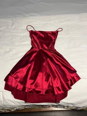 Juniors Red Satin Party Dress with Spaghetti Straps